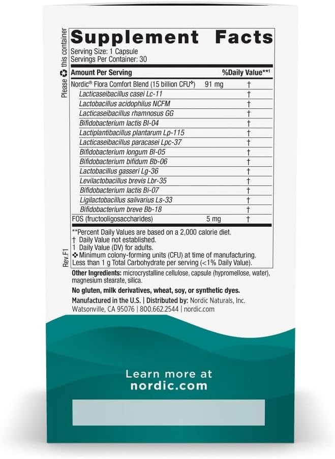 Nordic Naturals Nordic Flora Probiotic Comfort - 30 Capsules - 13 Probiotic Strains w/ 15 Billion Cultures - Supports Regularity & Digestive Comfort, Alleviates Bloating - Non-GMO, Vegan - 30 Servings
