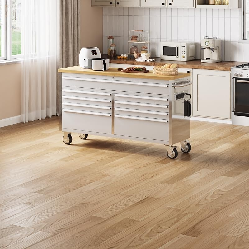 61 Inch Large Tool Chest with Lock - Tool Chest Workbench with 9 Drawers,4 Wheels(2 Can Be Braked),for Garage, Workshop, Warehouse Repair,Sliver