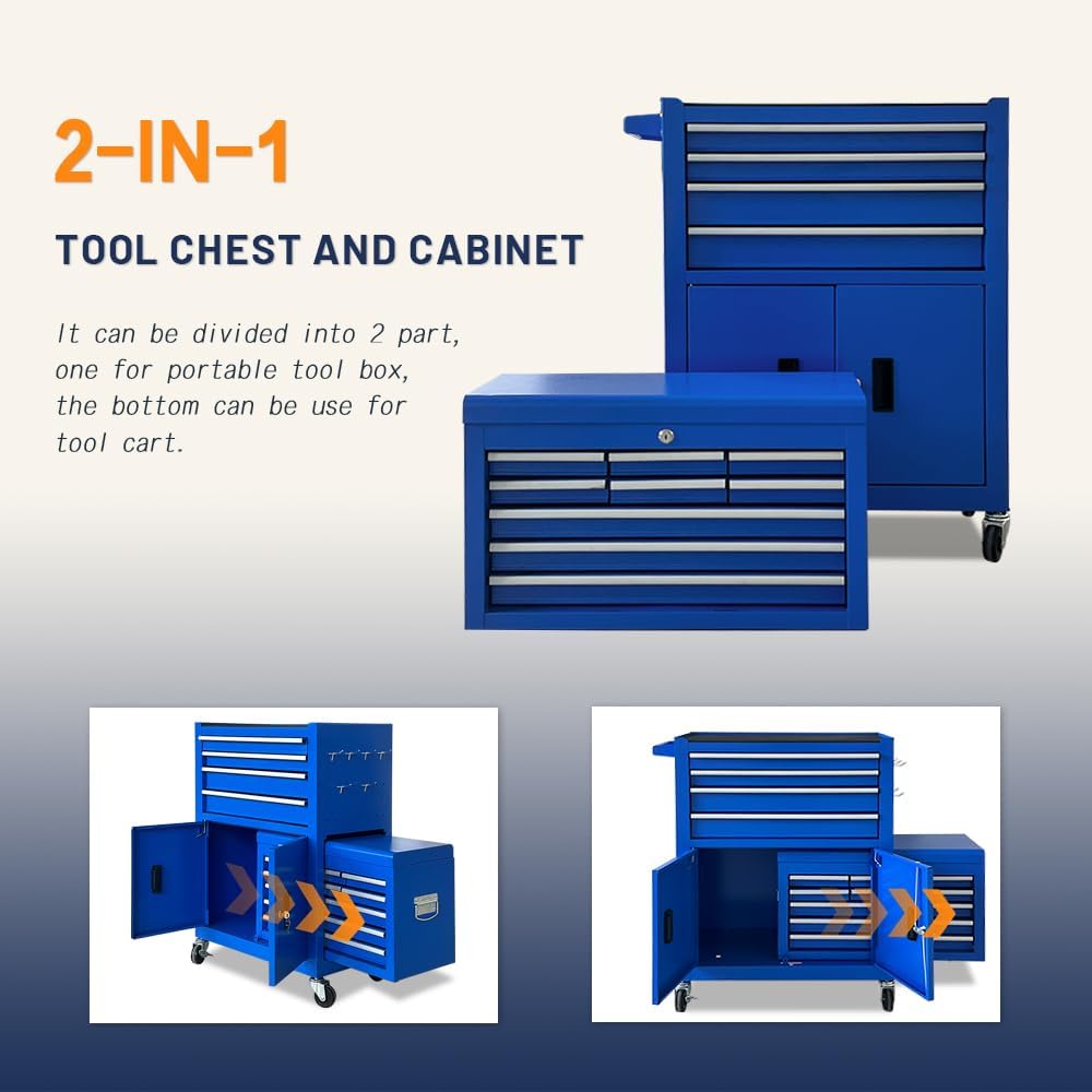 13-Drawer Double Door Rolling Tool Chest, 2 in 1 Detachable Tool Chest,Tool Box with Drawers and Wheels, Large Tool Cabinet with Lock, Metal Standing Toolbox for Garage Workshop-Blue