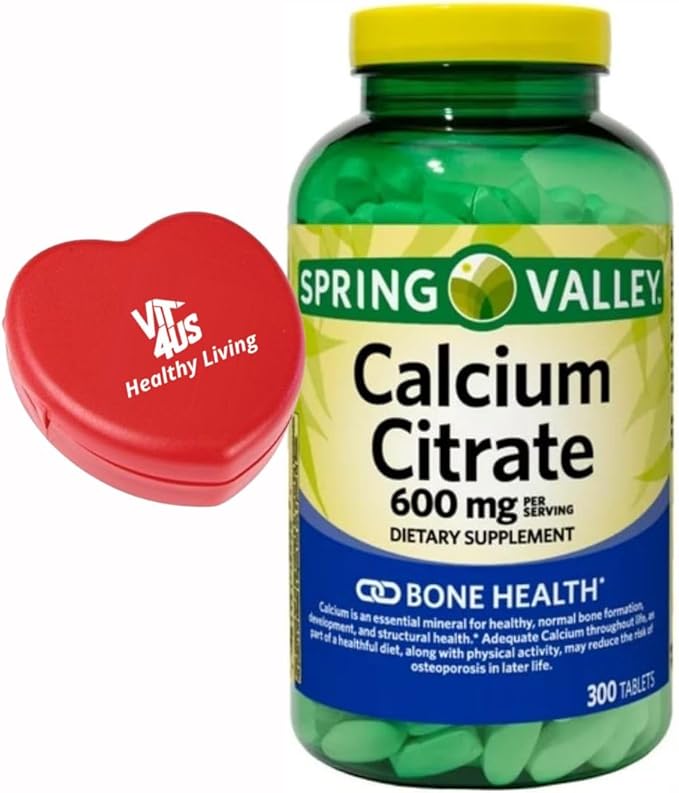 Spring Valley - Calcium Citrate, Bone Health Supplement, 600mg, 300 Count, (1) + ViT4 Pill Box.