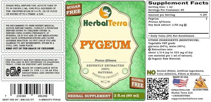 African Cherry Pygeum (Prunus Africana) Glycerite, Organic Dried Bark Powder Alcohol-Free Liquid Extract 2 oz