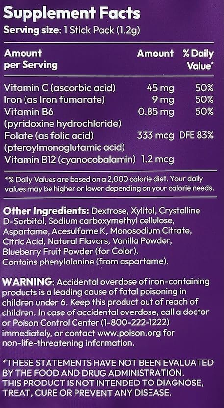 Go Wise Iron Powder - 14 Stick Packs with Vitamin C, B6, B12 and Folic Acid for Direct Consumption, No Water Needed - Gentle Iron Supplement for Women and Adults