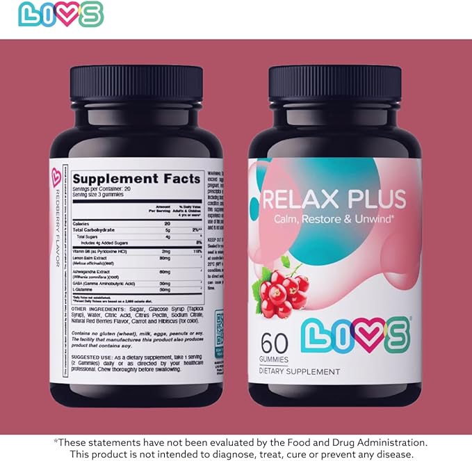 Relax Plus Ashwagandha Gummies for Adults & Kids | Stress Relief & Calm Support with GABA, Lemon Balm & L-Glutamine | Enhance Mood & Cognition - Vegan, Gluten Free | Pomegranate Flavor - 90 ct