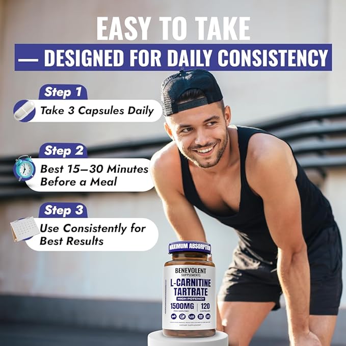 Benevolent L Carnitine Supplement - High Potency 1500mg L-Carnitine Tartrate - Fast Absorbing, Convert Fat to Energy, Support Lean Muscle, Boost Workout Performance & Metabolism – 120 Vegan Capsules