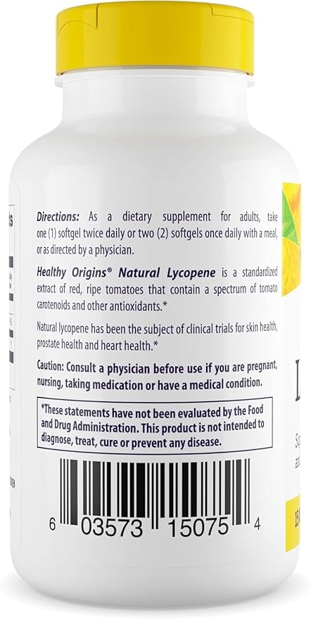 Healthy Origins Lycopene 15 mg (Natural, Non-GMO, Gluten Free, Skin Support, Prostate Support), 180 Softgels