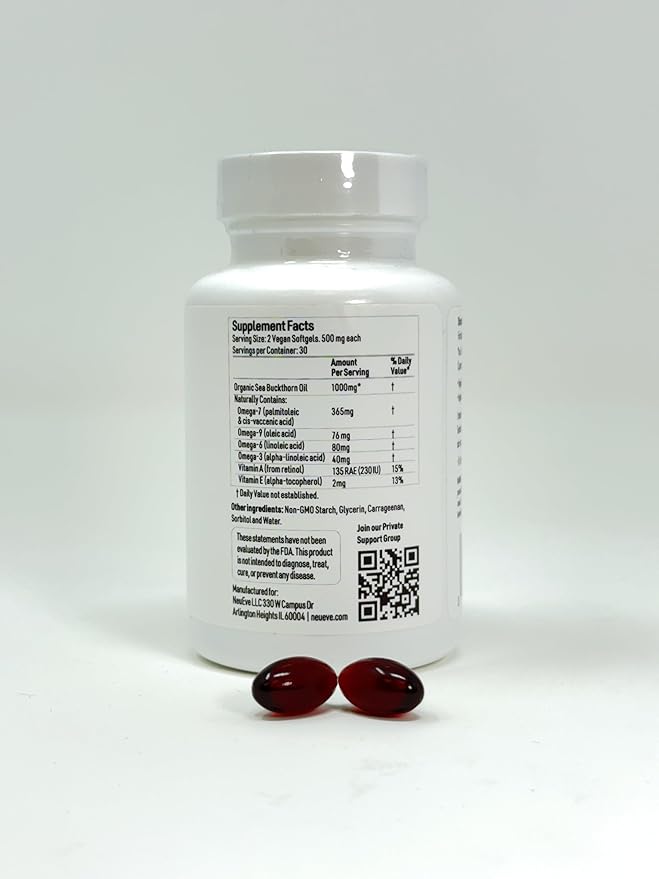 NeuEve Feminine Moisture Support Supplements with Sea Buckthorn Oil, Omega-7 for Vaginal Dryness, pH Balance & Moisture | 60 Vegan Softgels | 1-Month Supply