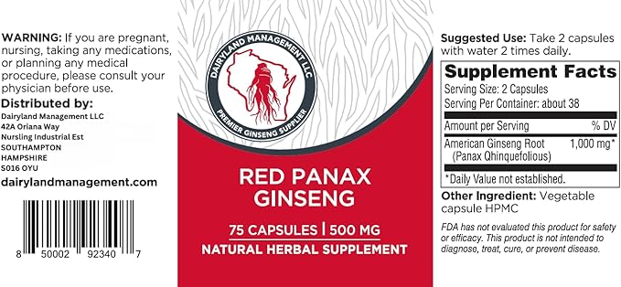 Dairyland Korean Red Panax Ginseng Capsules - 2000 mg Concentrated Potent Ground Ginseng Root Extract - No Fillers, Binders or Other Additives. (75 ct)
