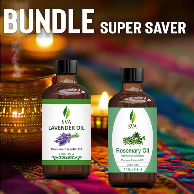 SVA Rosemary Essential Oil 4oz and Lavender Essential Oil 4oz Bundle Super Saver Combo – Premium Grade Value Set for Hair Oiling, Scalp Massage, Hair Care, Skin Care, Body Massage and Aromatherapy