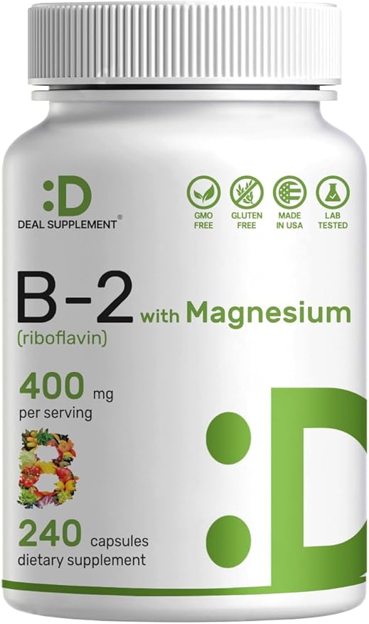 DEAL SUPPLEMENT Vitamin B2 400mg (Riboflavin) | with Magnesium Glycinate 400mg, 240 Capsules – 2 in 1 Support Healthy Nervous System, Mood, Blood & Energy Production, Non-GMO