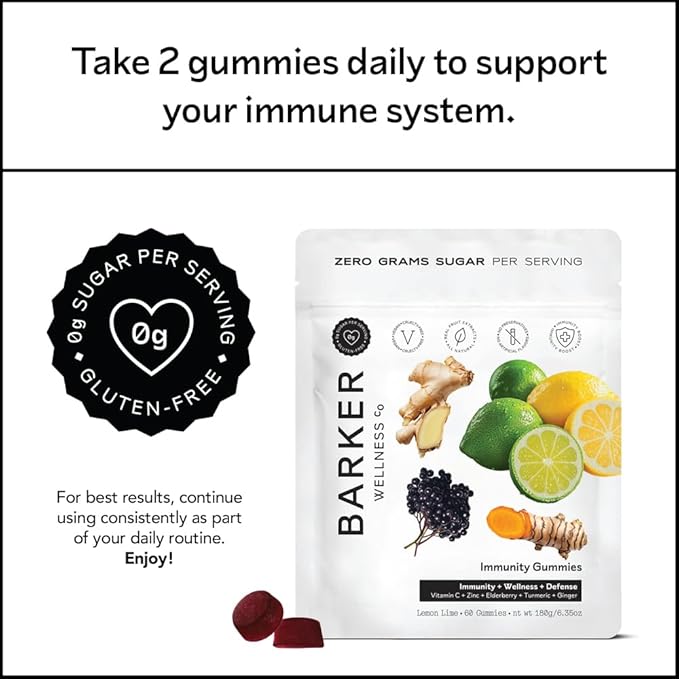 Barker Wellness Immunity Gummies | Vitamin C, Zinc, Elderberry, Turmeric & Ginger | Immune Support | Vegan, Sugar-Free | Lemon Lime Flavor | 60 Gummies