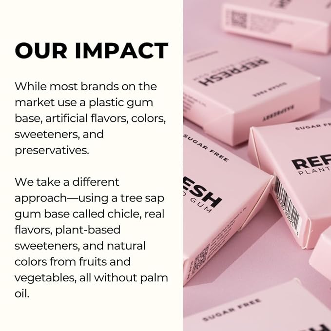 Refresh Gum, Xylitol, Natural, Sugar Free, Plastic Free, Aspartame Free, Natural Flavors & Organic Ingredients, Plant-Based, Low Calorie, Non GMO, Gluten Free, Vegan, Raspberry Flavor, 12 Pcs, 5 Pack