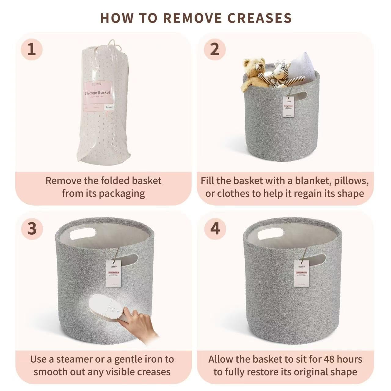 PUTSKA Basket – Round Storage for Toys, Clothes, Stuffed Animals – Soft Baby Girl Basket for Nursery, Kids Room, Bedroom, Living Room – Large, Grey