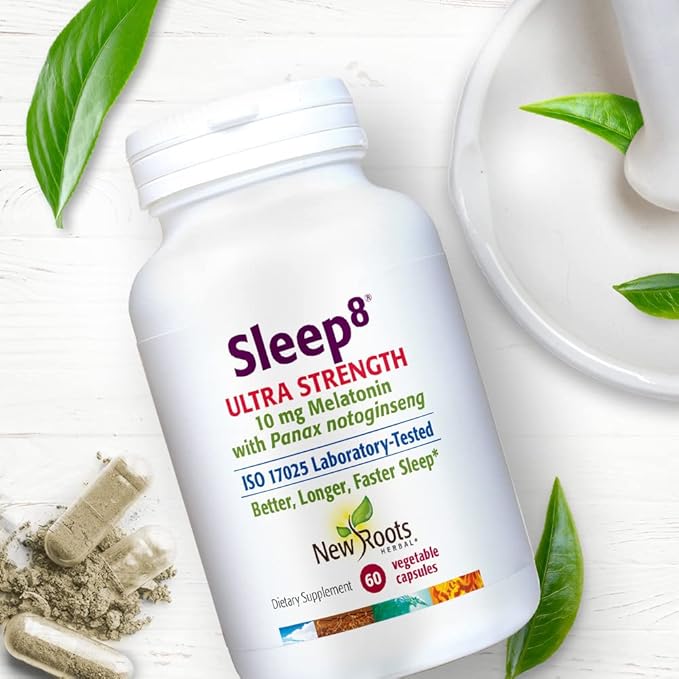 NEW ROOTS HERBAL Natural Sleep Supplement, 8-in-1 Ultra-Strenth Formula with Passion Flower, Chamomile, Hops, Panax Gingseng, Skullcap, Magnesium, 10 mg Melatonin (60 Veg Caps)