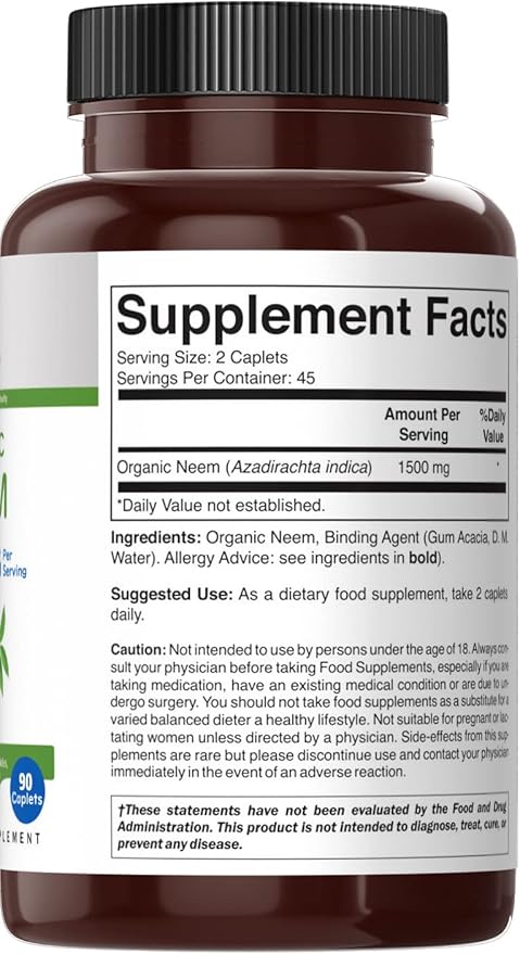 Brieofood Organic Neem 1500mg, 45 Servings, Vegetarian, Gluten Free, 90 Vegetarian Tablets