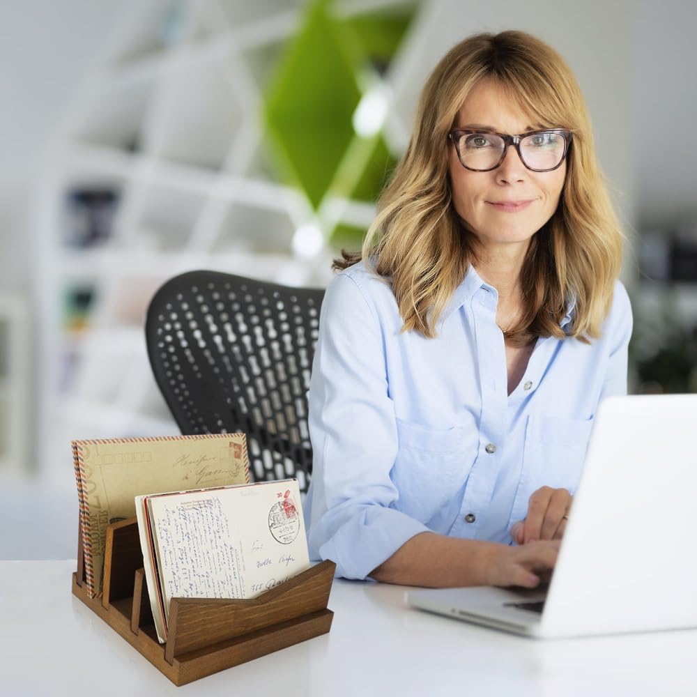 Picowe Desk Mail Organizer Wooden Mail Holder, 3 Slots Letter Holder Organizer Envelope Organizer for Home Office