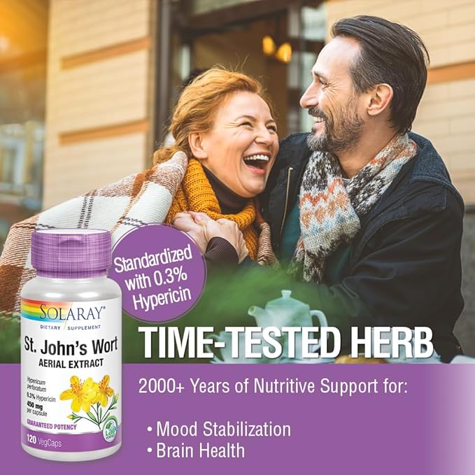 SOLARAY St Johns Wort Aerial Extract 300 mg, 0.3% Hypericin, Mood & Brain Health Support, Vegan & Lab Verified for Quality, 120 Servings, 120 VegCaps