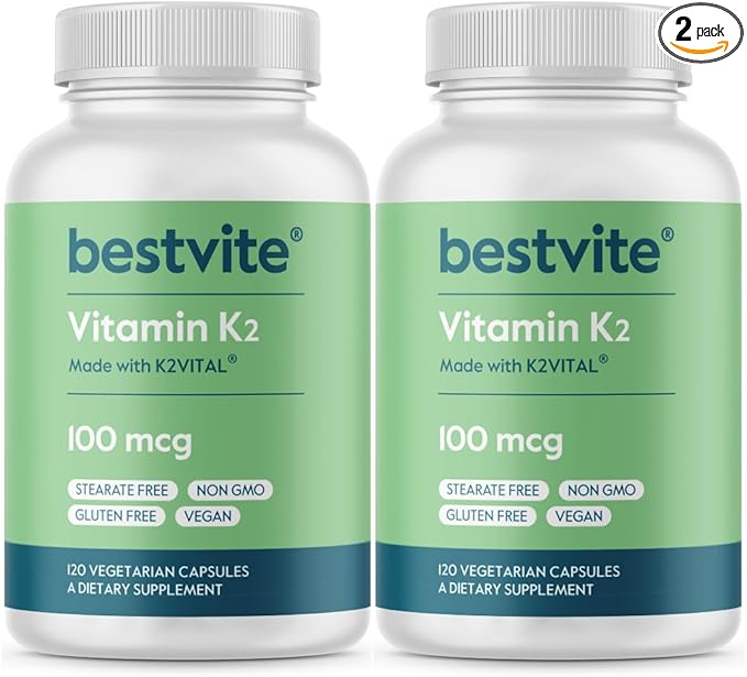 BESTVITE Vitamin K2 100 mcg as MK-7 (240 Vegetarian Capsules)(120x2) - No Stearates - Vegan - Non GMO - Gluten Free