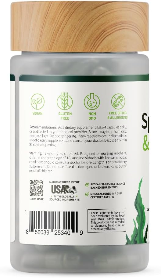 Snap Supplements Organic Spirulina and Chlorella Capsules, Chlorophyll and Protein Rich Blue Green Algae Superfood Supplement for Energy and Immune Support, Vegan, Non GMO, Greens Blend, 120 Capsules