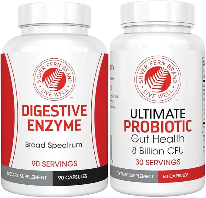 Silver Fern Brand Gut Health Tune Up Kit - Multi Function Ultimate Probiotic (1 Bottle - 60 Capsules) & Digestive Enzyme (1 Bottle = 90 Capsules) Helps Digestive Health, Mood, Reduce Cravings