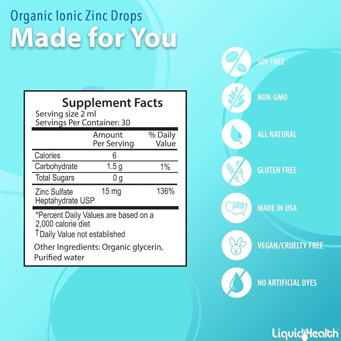 LIQUIDHEALTH USDA Organic Ionic Zinc High Potency Drops - Trace Mineral Liquid Vitamin Supplement for Adults, Kids - Immune & Digestive Support, Skin & Wound Health - USA Made, Vegan, Non-GMO (3 Pack)