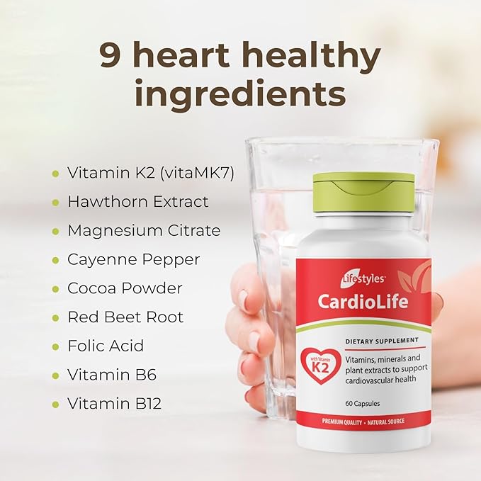 Lifestyles CardioLife Supplement - Herbal Heart Health Support with Vitamin K2 (MK7), Folic Acid, Beetroot, Cayenne Extract & More – Made in Canada – 60 Capsules (1)