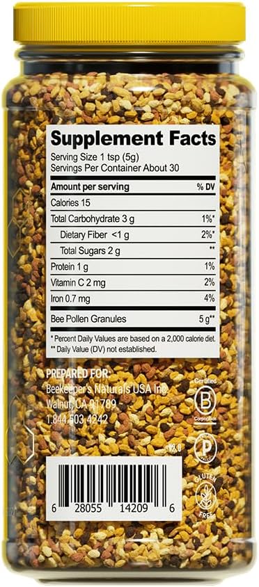 Beekeeper's Naturals - 100% Raw Bee Pollen Granules, Natural Preserved Enzymes, Source of Vitamin B, Minerals, Amino Acids & Protein - Paleo & Keto Friendly, Gluten Free (5.2 oz)