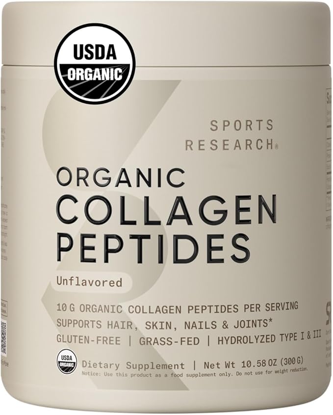 Sports Research Organic Collagen Peptides - Hydrolyzed Type I & III Collagen Protein Powder Made Sustainably from Grass-Fed Cows - Unflavored - 30 Servings