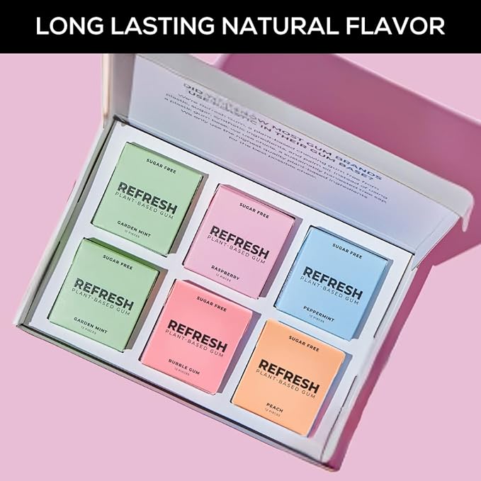 Refresh Gum, Xylitol, Natural, Sugar Free, Aspartame Free, Plastic Free, Organic Ingredients, Non GMO, Peppermint, Garden Mint, Bubble Gum, Peach & Raspberry Variety Pack, 12 Pcs, 6 Pack