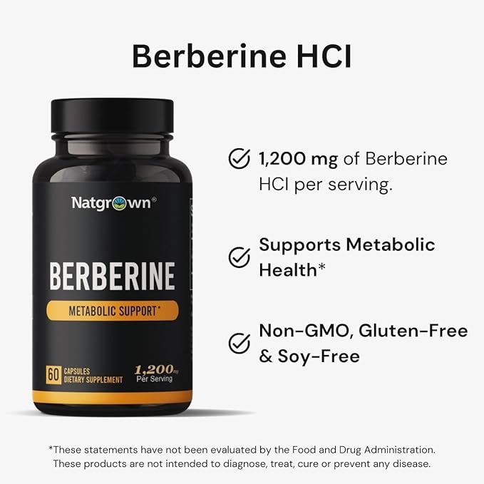 Natgrown Berberine Supplement - Berberine HCl 1200 mg Per Serving - Vegan, Gluten Free, Non-GMO - 60 Capsules