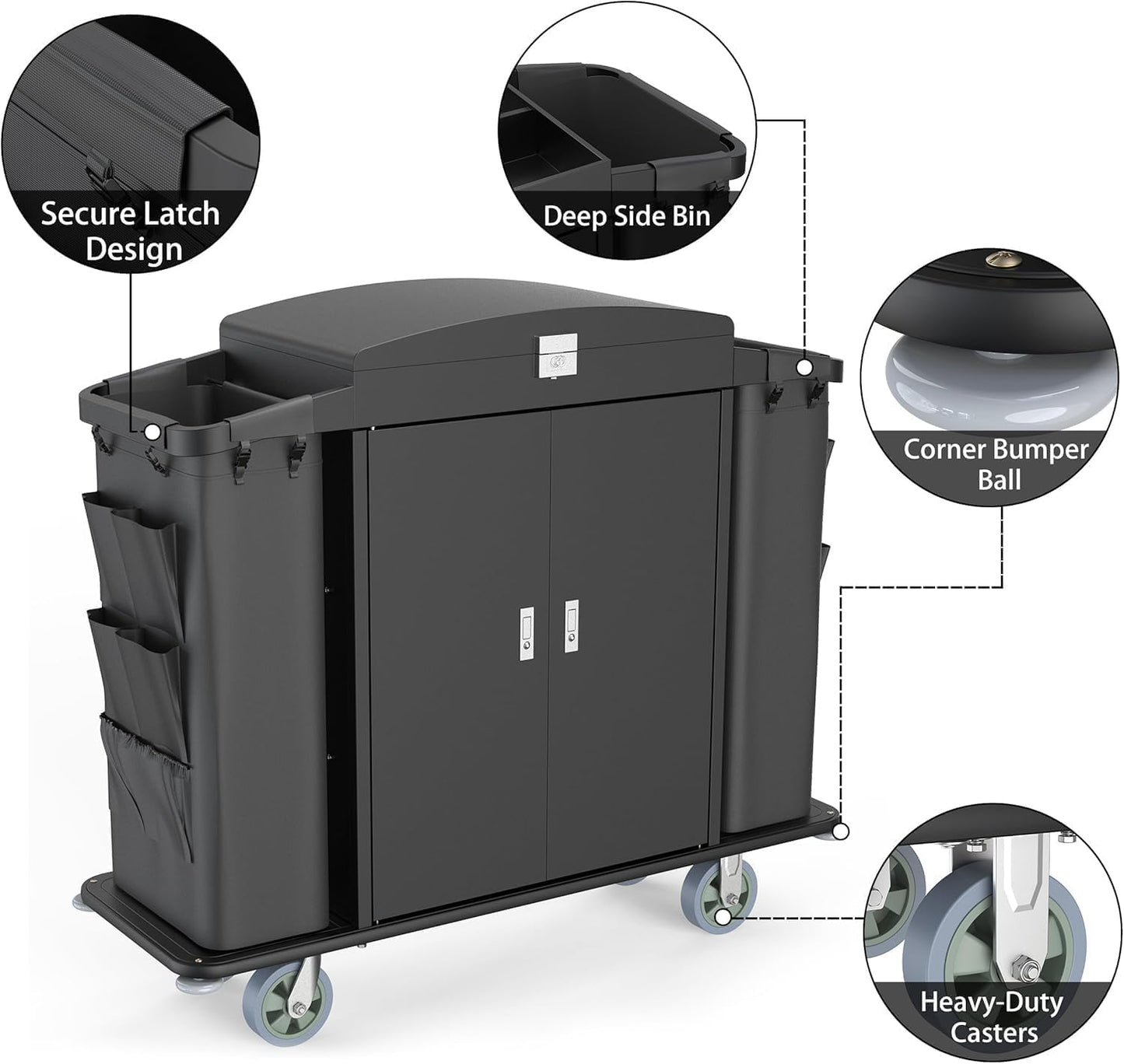 Heavy Duty Metal Housekeeping Janitorial Cart,Silent Casters,Locking Large Capacity Cabinets,Cleaning cart for Housekeeping/Commercial Facility/Hotel/Stadium/School(Black)