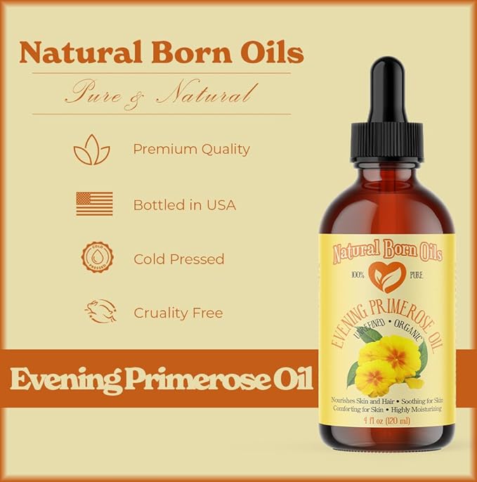 Natural Born Oils 4oz Evening Primrose Oil, 100% Pure and Natural, Organic, Cold-pressed, Unrefined, Moisturizing, Includes Pump & Dropper
