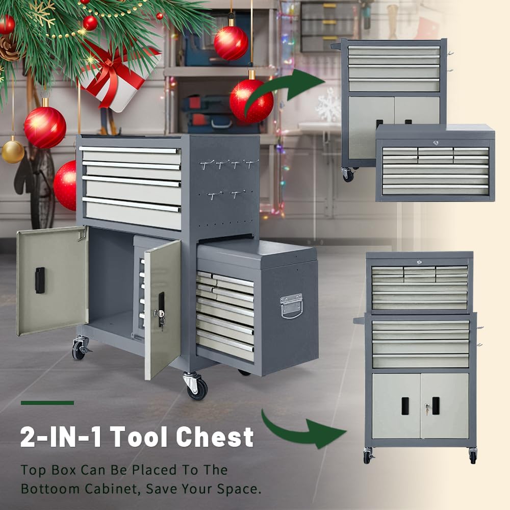 13-Drawer Rolling Tool Chest with Double Doors, 2 in 1 Detachable Rolling Tool Chest with Drawers, Mobile Tool Cabinet Combo, Metal Large Lockable Tool Box for Garage Workshop (Gray)