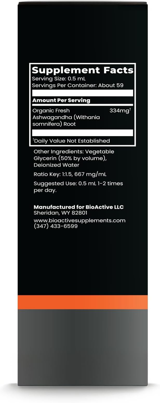 BIOACTIVE Liquid Ashwagandha Drops - Testosterone Health Supplement* - Adaptogen for Stress Support, Men’s Wellness - Organic, Herbal, Gluten Free, Non-GMO, 59 Servings (1 Oz, Unflavored)