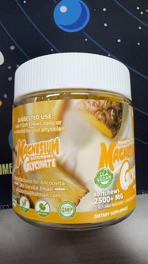 Magnesium Glycinate Soft Chews, Pineapple Flavor.Chewable Sugar Free Potassium Magnesium Chews with Magnesium Glycinate, Vitamin D, B6, and CoQ10 for Calm Support & Sleep for Adults, 60 Days Supply
