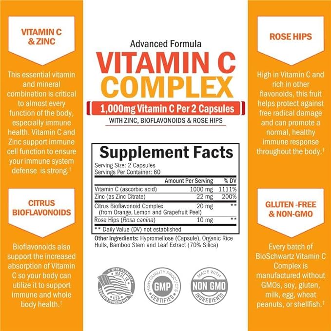 BioSchwartz Vitamin C Complex Supplement - Vitamin C 1000mg Capsules with Rose HIPS Zinc and Citrus Bioflavonoids for Immune Health, Cellular Energy, Collagen Production, 120 Count (60 Day Supply)
