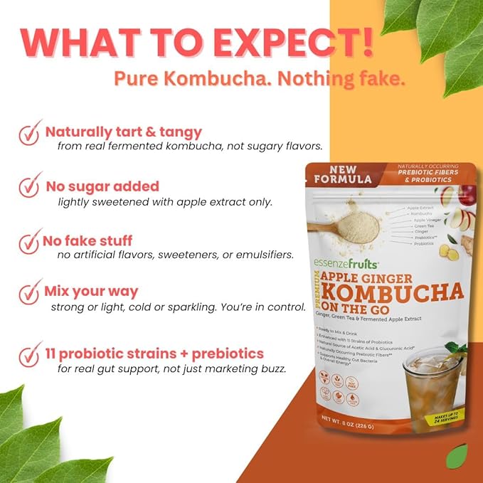 Essenzefruits Apple Ginger Kombucha Powder Tea Mix Beverage – Sugar Free, Fermented & Dried - Just Add Water! Live Probiotics & Prebiotic Blend, Vitamin C - Makes up to 30 Cups (8 Oz, 226g)