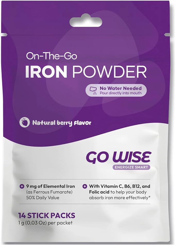 Go Wise Iron Powder - 14 Stick Packs with Vitamin C, B6, B12 and Folic Acid for Direct Consumption, No Water Needed - Gentle Iron Supplement for Women and Adults