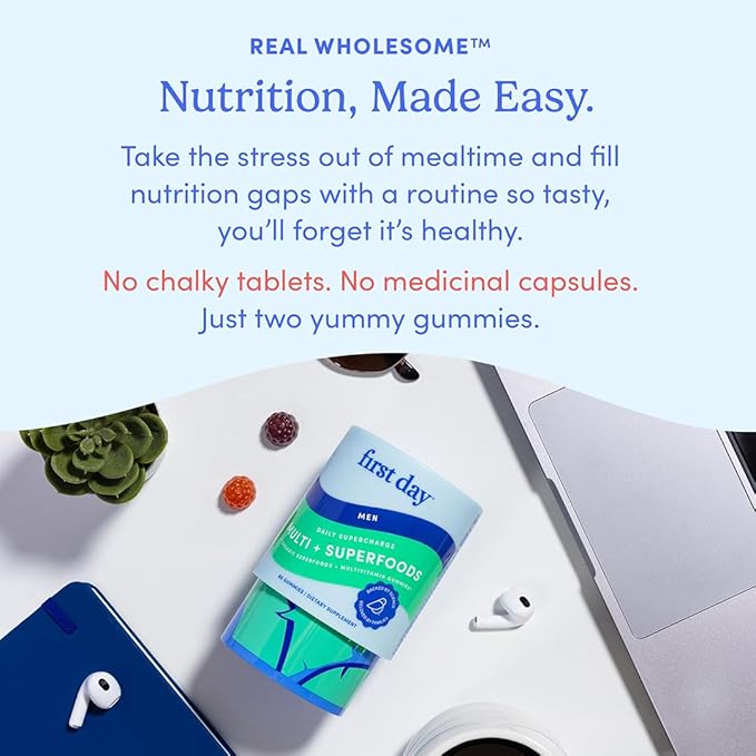 FIRST DAY Multivitamin for Men + Organic Fruit & Veggie Blend, Mens Multivitamins Gummies with 13 Key Nutrients for Energy, Focus, Immunity - Vitamins A, B1, B2, B6, B9, B12, C, D3, K - 30 Day Supply