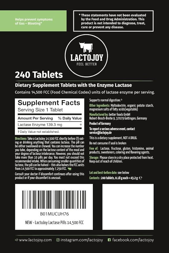 LactoJoy Lactase Pills 14.500 FCC I 240 Pieces Refill Package I Powerful Lactase Enzymes for Lactose Intolerance I Ultra Pure Lactase for Improved Digestion I 100% Vegan