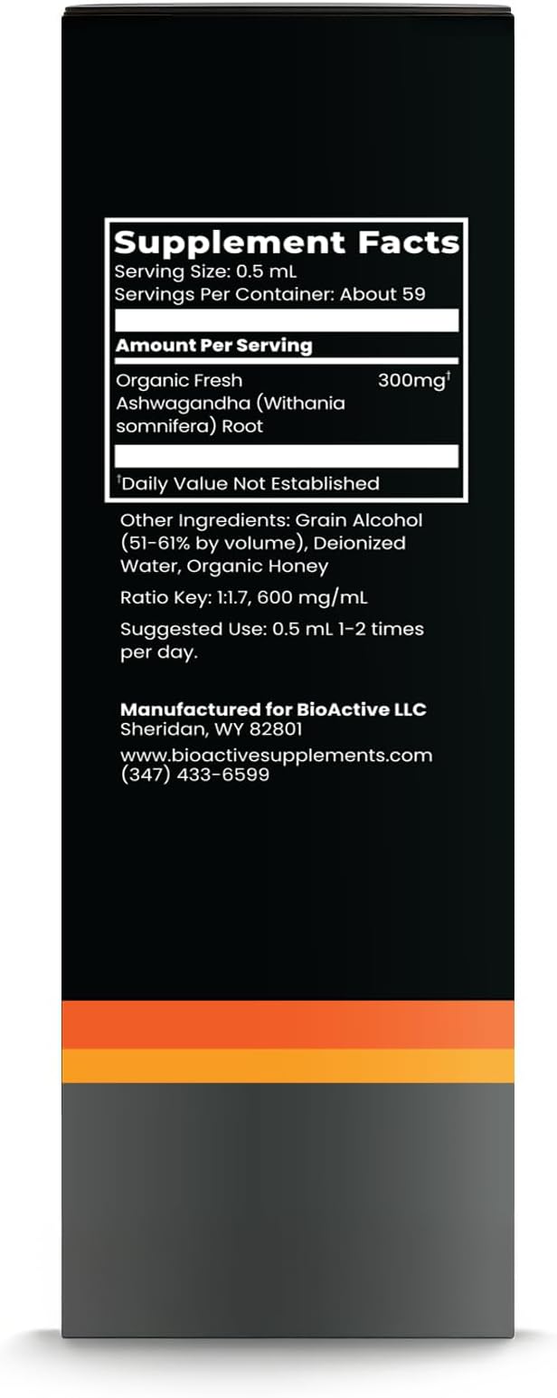 BIOACTIVE Liquid Ashwagandha Drops - Testosterone Health Supplement* - Adaptogen for Stress Support, Men’s Wellness - Organic, Vegetarian, Gluten Free, Non-GMO, 59 Servings (1 Oz, Honey)