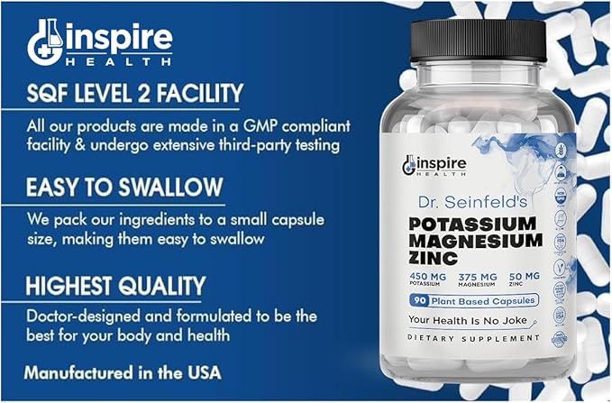 Magnesium Potassium Supplements w/Zinc - 90 Capsules - Magnesium Potassium Zinc for Vascular Health – High Absorption Vegan Supplement for Leg Cramps & Sleep Dr Seinfeld
