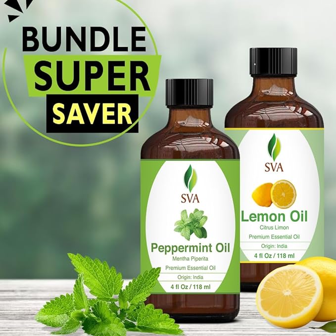 SVA Peppermint Essential Oil and Lemon Essential Oil 4oz Bundle Super Saver Combo – Premium Grade Value Set for Aromatherapy, Scalp Massage, Hair Care, Skin & Body