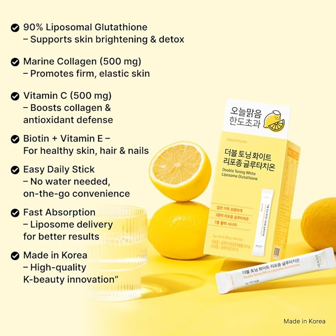 Double Toning White Liposome Glutathione – Liposomal L-Glutathione 50 mg, Vitamin C 500 mg, Vitamin E 3.3 mg α-TE, Biotin 30 µg & Fish Collagen 500 mg – Lime-Lemon Flavor – 30 Packets