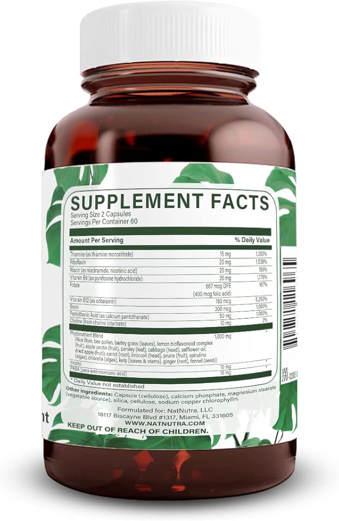 Natural Nutra Vitamin B Complex with Niacin, Folate, Thiamin, Biotin, Supports Nervous System Health, Promotes Metabolism, Skin, Eyes and Hair Health, Whole Food Supplement, 120 Vegetarian Capsules