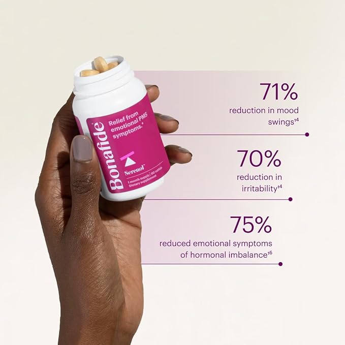 Serenol by Bonafide. Relief from Hormonal Mood Swings, Irritability, & PMS Bloating. — 3-Month Supply (180 Tablets)