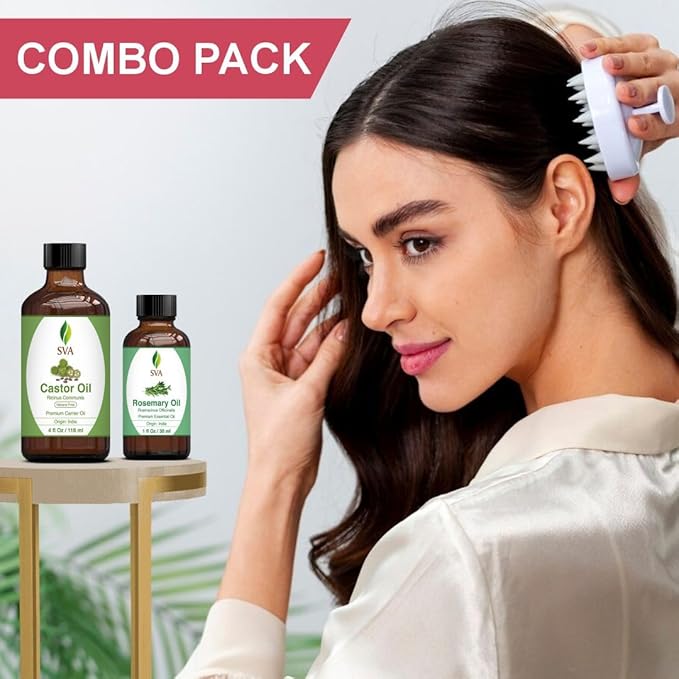 SVA Rosemary Essential Oil 1oz and Castor Oil 4oz Bundle Super Saver Combo – Premium Grade Value Set for Hair Oiling, Scalp Massage, Hair Care, Skin Care and Body Massage