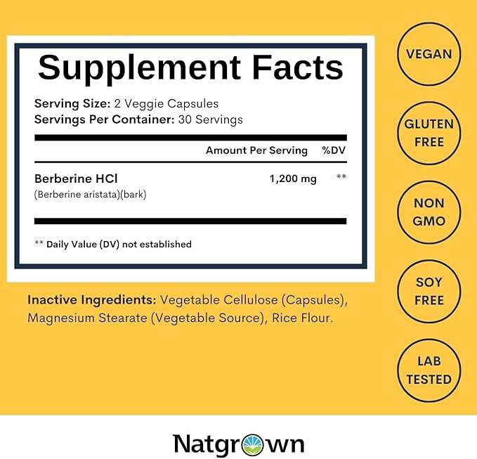 Natgrown Berberine Supplement - Berberine HCl 1200 mg Per Serving - Vegan, Gluten Free, Non-GMO - 60 Capsules