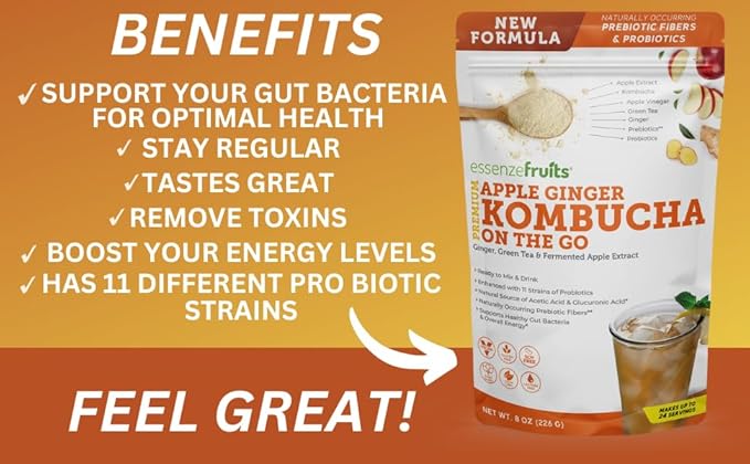 Essenzefruits Apple Ginger Kombucha Powder Tea Mix Beverage – Sugar Free, Fermented & Dried - Just Add Water! Live Probiotics & Prebiotic Blend, Vitamin C - Makes up to 30 Cups (8 Oz, 226g)