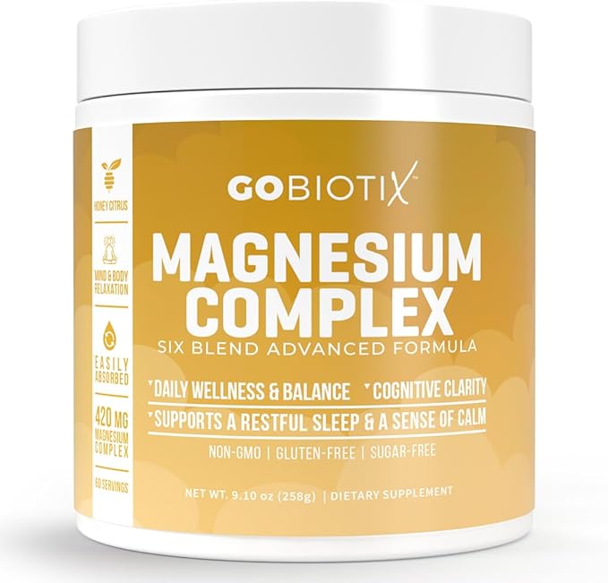 GoBiotix Magnesium Glycinate Powder – Cortisol Supplements for Women and Men – High Absorption Magnesium Complex Calm Supplement with Citrate, Malate – Sugar Free – 420 mg, 60 Servings - Honey Citrus