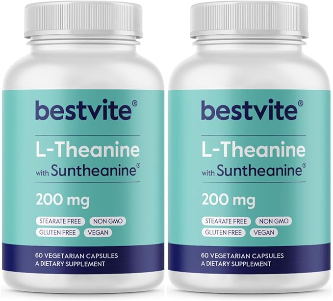 BESTVITE L-Theanine 200mg with Patented and Clinically Studied Suntheanine (120 Vegetarian Capsules) (2 x 60) - No Stearates - Vegan - Non GMO - Gluten Free